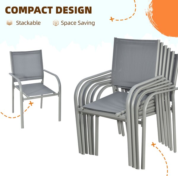 Outsunny 7 Piece Garden Dining Set, Outdoor Table and 6 Stackable Chairs, Steel Frame, Tempered Glass Top Table, Mesh Seats, Grey