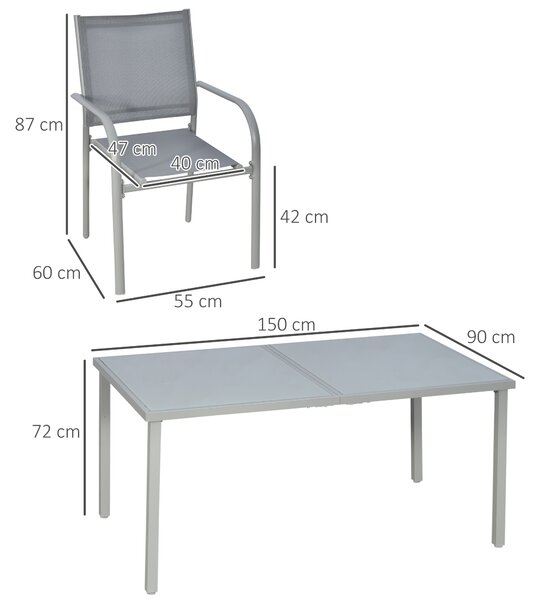Outsunny 7 Piece Garden Dining Set, Outdoor Table and 6 Stackable Chairs, Steel Frame, Tempered Glass Top Table, Mesh Seats, Grey