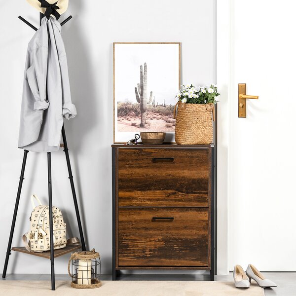 HOMCOM Industrial Shoe Cabinet with 2 Flip Drawers, Narrow Shoe Storage Cabinet for 12 Pairs, Freestanding Slim Shoe Rack for Entryway Aosom UK