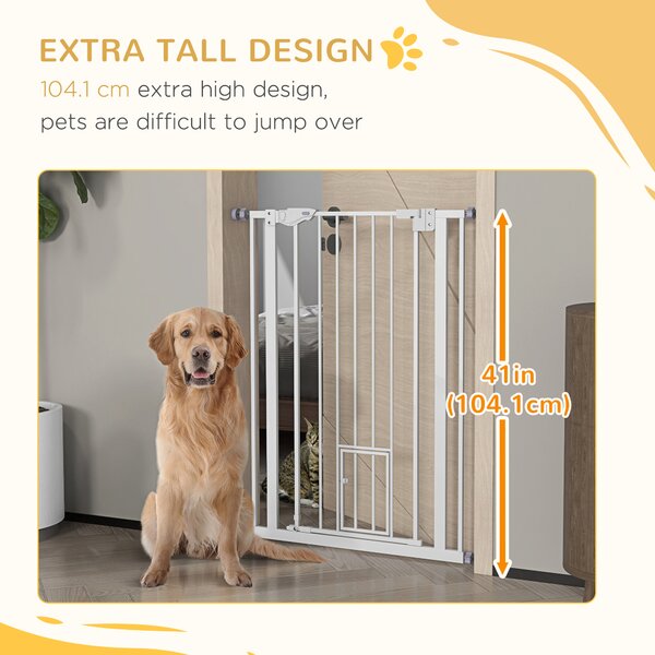 PawHut Extra Tall Pet Gate, Indoor Dog Safety Gate, with Cat Flap, Auto Close, 74-80cm Wide - White Aosom UK