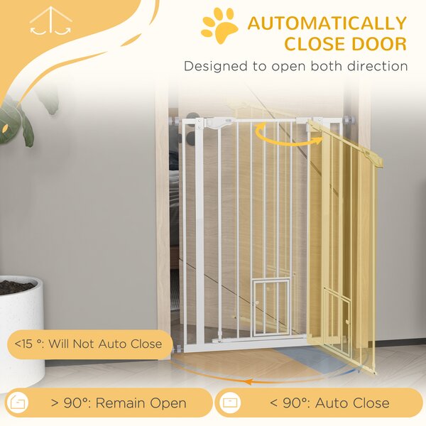 PawHut Extra Tall Pet Gate, Indoor Dog Safety Gate, with Cat Flap, Auto Close, 74-80cm Wide - White Aosom UK