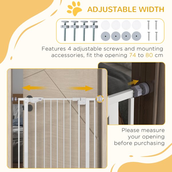 PawHut Extra Tall Pet Gate, Indoor Dog Safety Gate, with Cat Flap, Auto Close, 74-80cm Wide - White Aosom UK