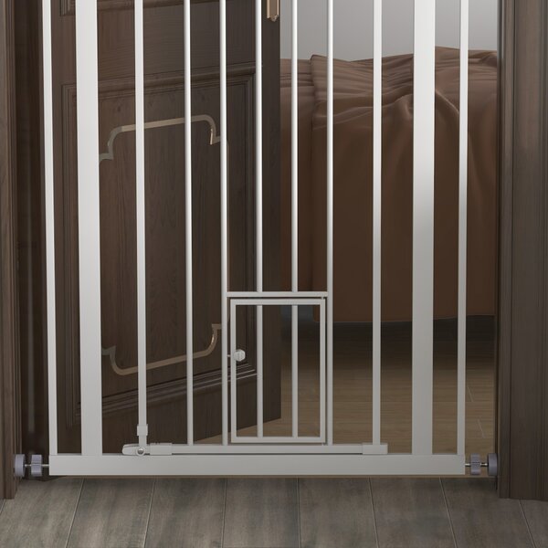 PawHut Extra Tall Pet Gate, Indoor Dog Safety Gate, with Cat Flap, Auto Close, 74-80cm Wide - White Aosom UK