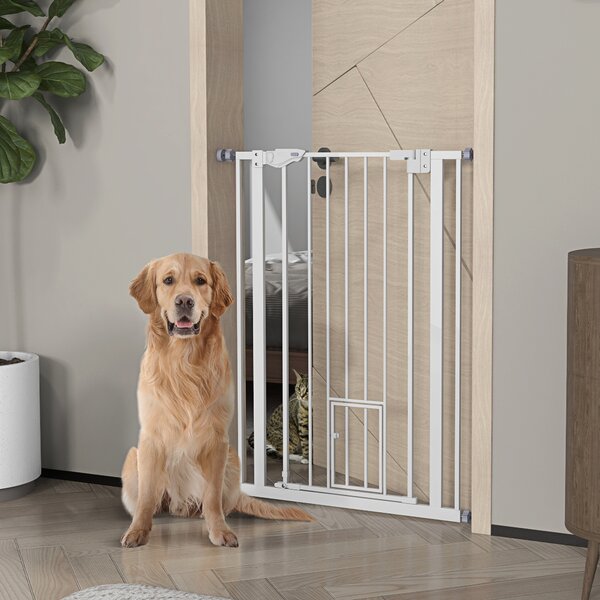 PawHut Extra Tall Pet Gate, Indoor Dog Safety Gate, with Cat Flap, Auto Close, 74-80cm Wide - White Aosom UK