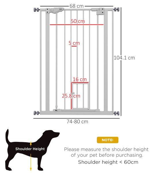 PawHut Extra Tall Pet Gate, Indoor Dog Safety Gate, with Cat Flap, Auto Close, 74-80cm Wide - White Aosom UK