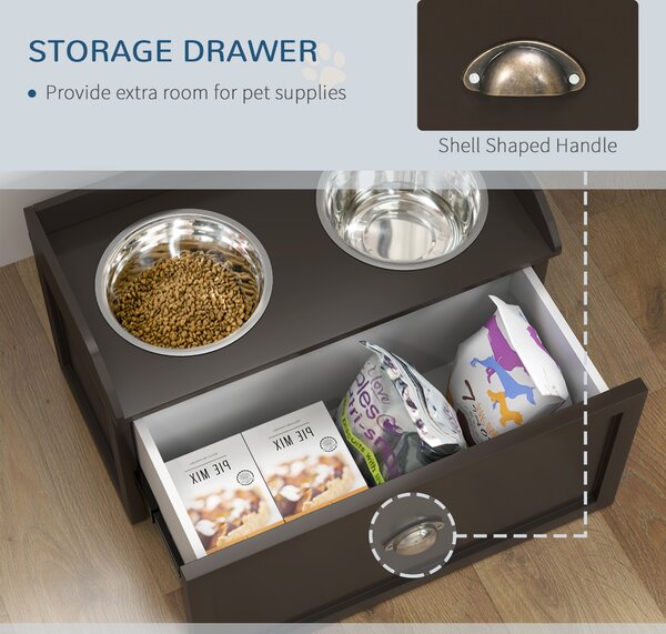 PawHut Stainless Steel Raised Dog Bowls, with 21L Storage Drawer for Large Dogs - Brown Aosom UK