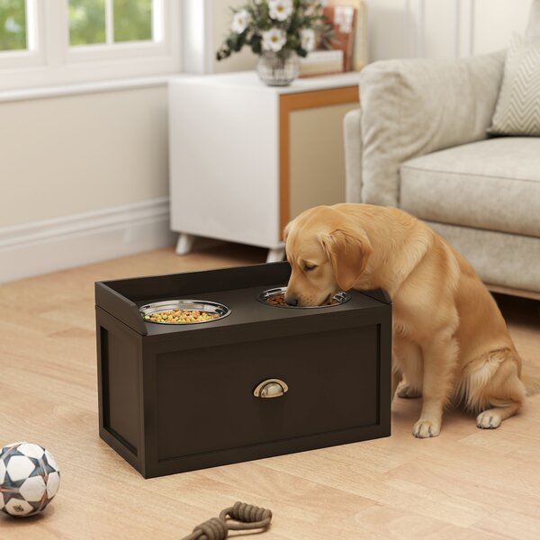 PawHut Stainless Steel Raised Dog Bowls, with 21L Storage Drawer for Large Dogs - Brown Aosom UK