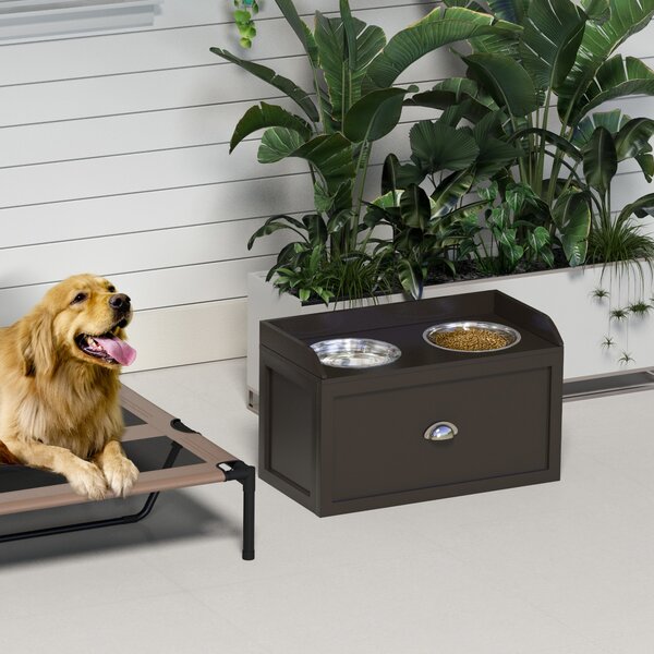 PawHut Stainless Steel Raised Dog Bowls, with 21L Storage Drawer for Large Dogs - Brown Aosom UK