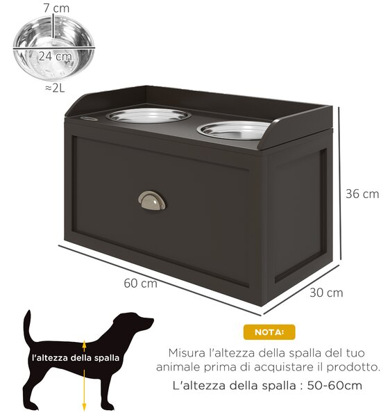 PawHut Stainless Steel Raised Dog Bowls, with 21L Storage Drawer for Large Dogs - Brown Aosom UK