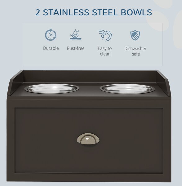 PawHut Stainless Steel Raised Dog Bowls, with 21L Storage Drawer for Large Dogs - Brown Aosom UK