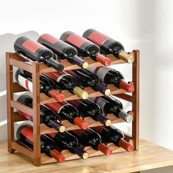 HOMCOM Free Standing Bamboo Wine Rack with 16 Bottles Holder, 4-tier Water Bottle Organizer, Display Shelf for Countertop, Home Bar, Brown Aosom UK