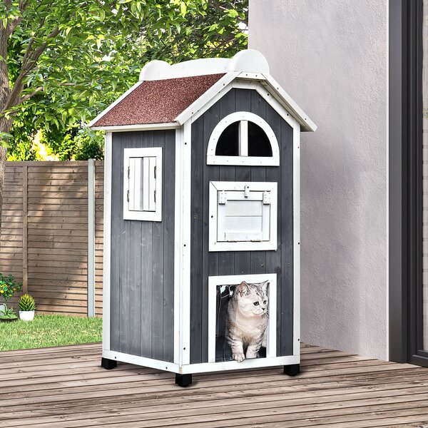 PawHut Wooden Cat House, Weatherproof Pet Shelter, Outdoor Cat Condos Cave, 2 Floor Furniture, Grey and White Aosom UK