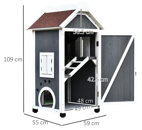 PawHut Wooden Cat House, Weatherproof Pet Shelter, Outdoor Cat Condos Cave, 2 Floor Furniture, Grey and White Aosom UK