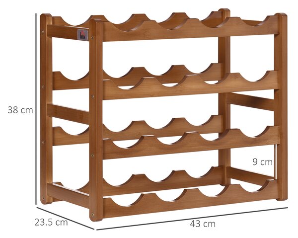 HOMCOM Free Standing Bamboo Wine Rack with 16 Bottles Holder, 4-tier Water Bottle Organizer, Display Shelf for Countertop, Home Bar, Brown Aosom UK