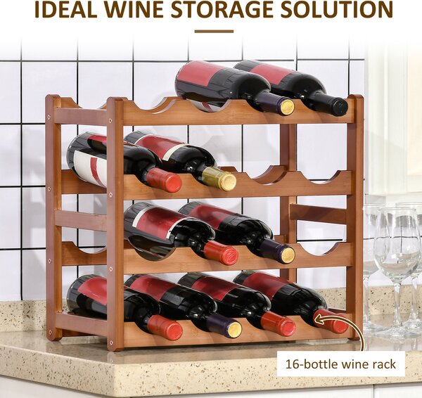 HOMCOM Free Standing Bamboo Wine Rack with 16 Bottles Holder, 4-tier Water Bottle Organizer, Display Shelf for Countertop, Home Bar, Brown Aosom UK