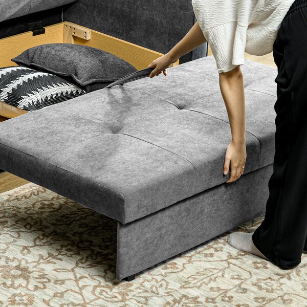 HOMCOM 2 Seater Sofa Bed, Convertible Bed Settee, Modern Fabric Loveseat Sofa Couch w/ Cushions, Hidden Storage for Guest Room, Light Grey
