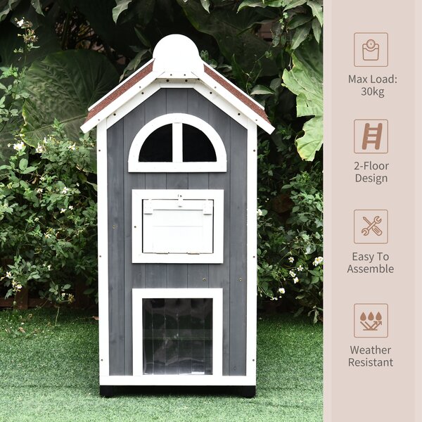 PawHut Wooden Cat House, Weatherproof Pet Shelter, Outdoor Cat Condos Cave, 2 Floor Furniture, Grey and White Aosom UK
