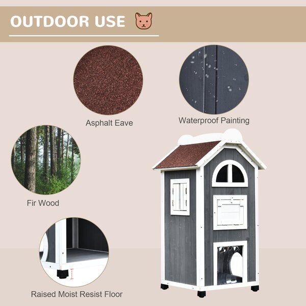 PawHut Wooden Cat House, Weatherproof Pet Shelter, Outdoor Cat Condos Cave, 2 Floor Furniture, Grey and White Aosom UK