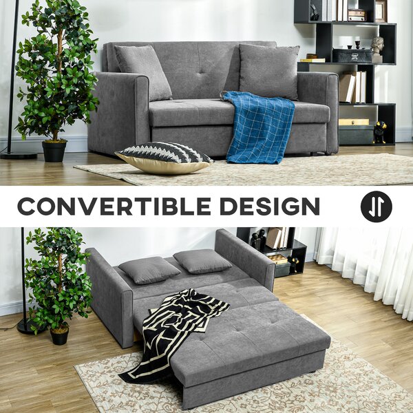 HOMCOM 2 Seater Sofa Bed, Convertible Bed Settee, Modern Fabric Loveseat Sofa Couch w/ Cushions, Hidden Storage for Guest Room, Light Grey