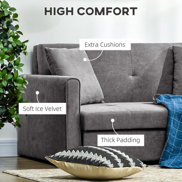HOMCOM 2 Seater Sofa Bed, Convertible Bed Settee, Modern Fabric Loveseat Sofa Couch w/ Cushions, Hidden Storage for Guest Room, Light Grey