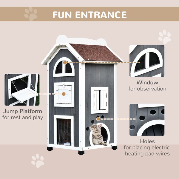 PawHut Wooden Cat House, Weatherproof Pet Shelter, Outdoor Cat Condos Cave, 2 Floor Furniture, Grey and White Aosom UK