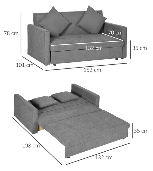 HOMCOM 2 Seater Sofa Bed, Convertible Bed Settee, Modern Fabric Loveseat Sofa Couch w/ Cushions, Hidden Storage for Guest Room, Light Grey