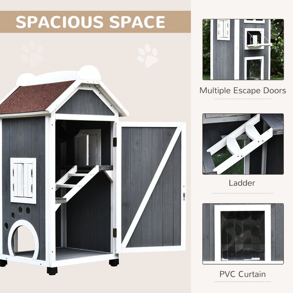 PawHut Wooden Cat House, Weatherproof Pet Shelter, Outdoor Cat Condos Cave, 2 Floor Furniture, Grey and White Aosom UK