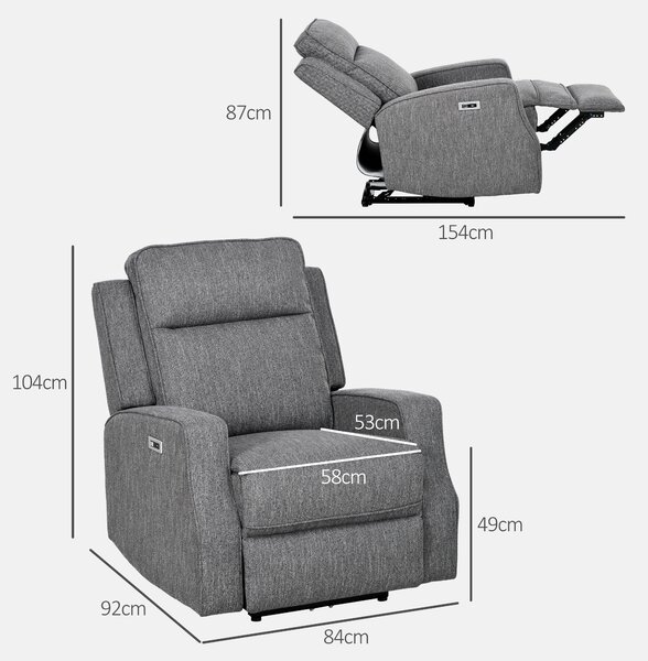 HOMCOM 150° Electric Reclining Chair, Armchair with Adjustable Leg Rest, USB Port, Charcoal Grey Aosom UK