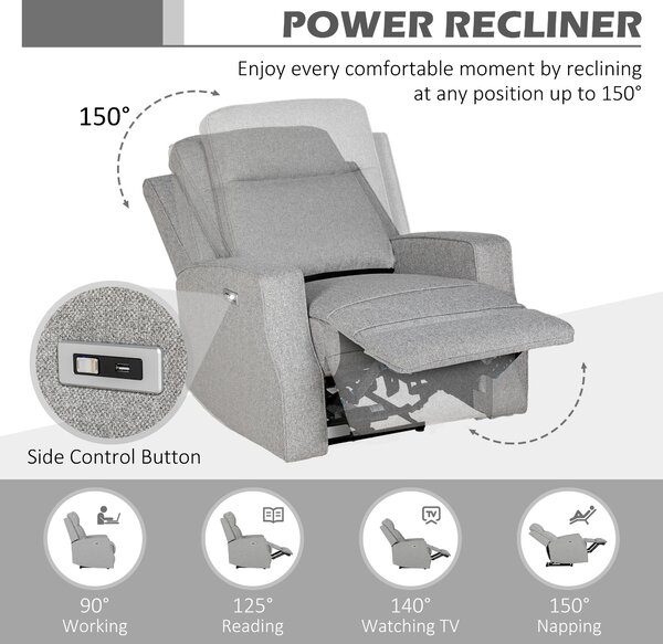 HOMCOM Electric Recliner Armchair, Recliner Chair with Adjustable Leg Rest, USB Port, Grey Aosom UK