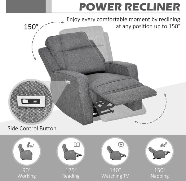 HOMCOM 150° Electric Reclining Chair, Armchair with Adjustable Leg Rest, USB Port, Charcoal Grey Aosom UK