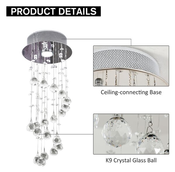 HOMCOM Metal Crystal Ceiling Light Chandelier Elegant Pendant Lamp Living Room Stairway Stairway Spiral Rain Drop Pendant Lamp Silver Aosom UK