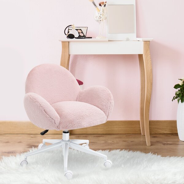 HOMCOM Fluffy Leisure Home Office Chair with Backrest and Armrest, Makeup Chair with Wheels for Bedroom Living Room, Pink Aosom UK