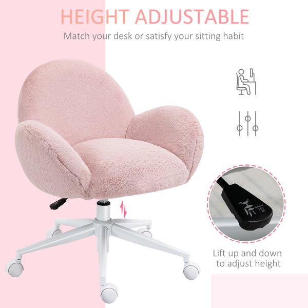 HOMCOM Fluffy Leisure Home Office Chair with Backrest and Armrest, Makeup Chair with Wheels for Bedroom Living Room, Pink Aosom UK