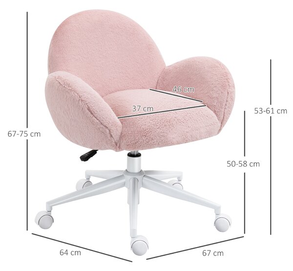 HOMCOM Fluffy Leisure Home Office Chair with Backrest and Armrest, Makeup Chair with Wheels for Bedroom Living Room, Pink Aosom UK