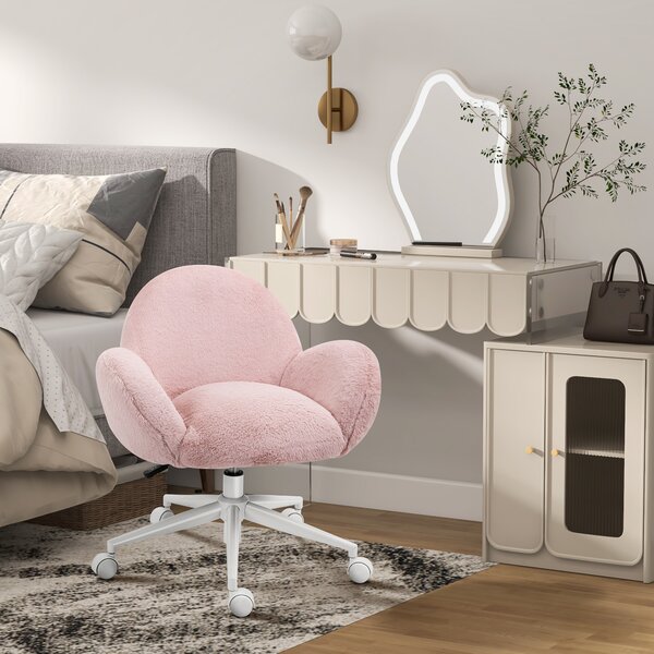 HOMCOM Fluffy Leisure Home Office Chair with Backrest and Armrest, Makeup Chair with Wheels for Bedroom Living Room, Pink Aosom UK