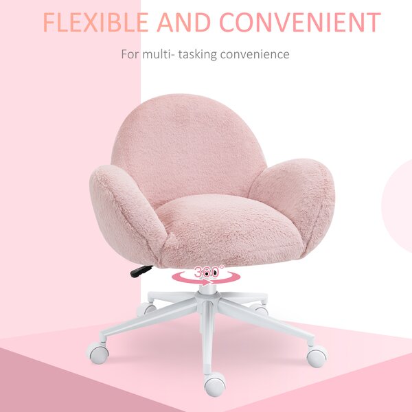 HOMCOM Fluffy Leisure Home Office Chair with Backrest and Armrest, Makeup Chair with Wheels for Bedroom Living Room, Pink Aosom UK