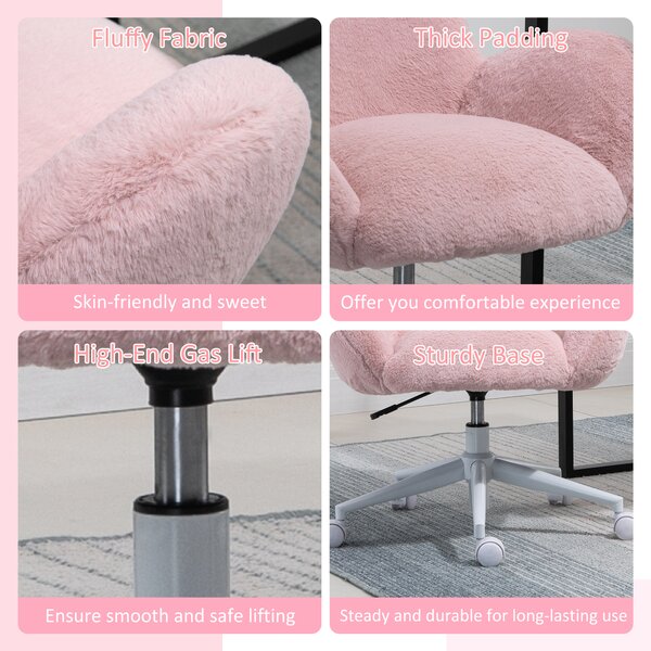 HOMCOM Fluffy Leisure Home Office Chair with Backrest and Armrest, Makeup Chair with Wheels for Bedroom Living Room, Pink Aosom UK