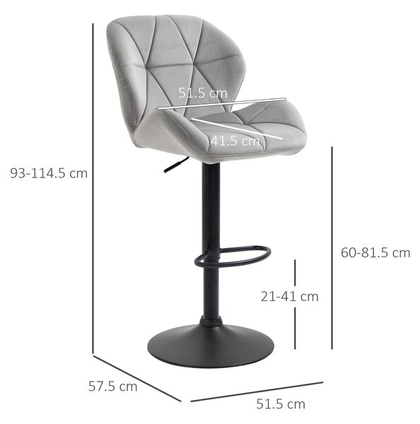 HOMCOM Bar Stool Set of 2 Fabric Adjustable Height Armless Upholstered Counter Chairs with Swivel Seat, Light Grey