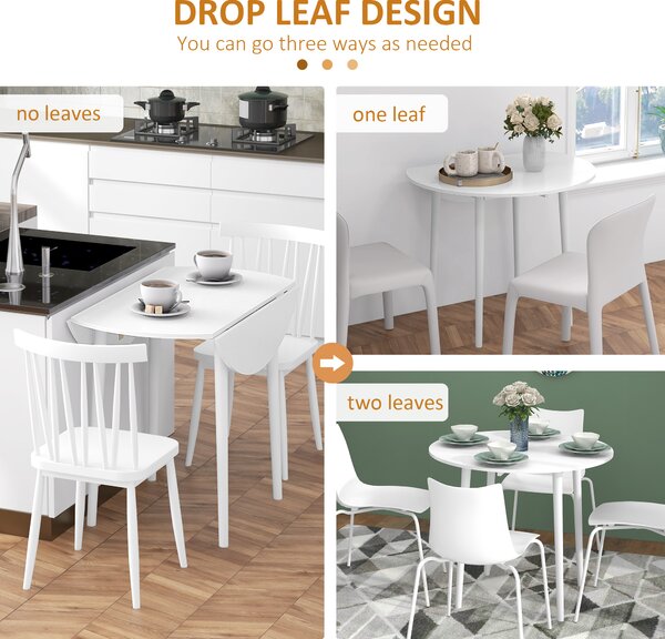 HOMCOM Folding Kitchen Table with Wood Legs, Round Wood Dining Table for Dining Room, Drop Leaf Dining Table, White Aosom UK