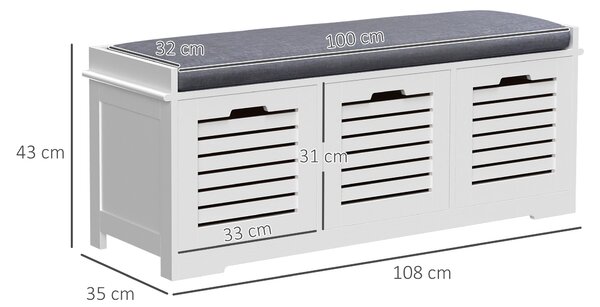 HOMCOM White Storage Bench with 3 Drawers & Removable Grey Seat Cushion Hallway Organisation furniture