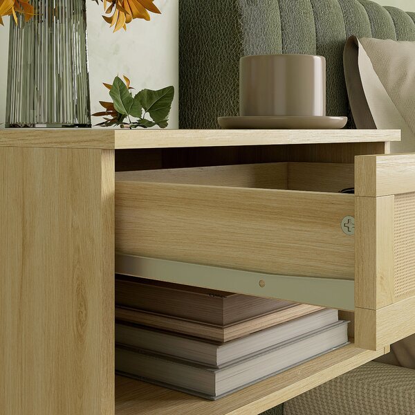 HOMCOM Set of Two Rattan Panel Floating Bedside Tables - Wood-Effect Aosom UK