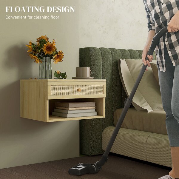 HOMCOM Set of Two Rattan Panel Floating Bedside Tables - Wood-Effect Aosom UK