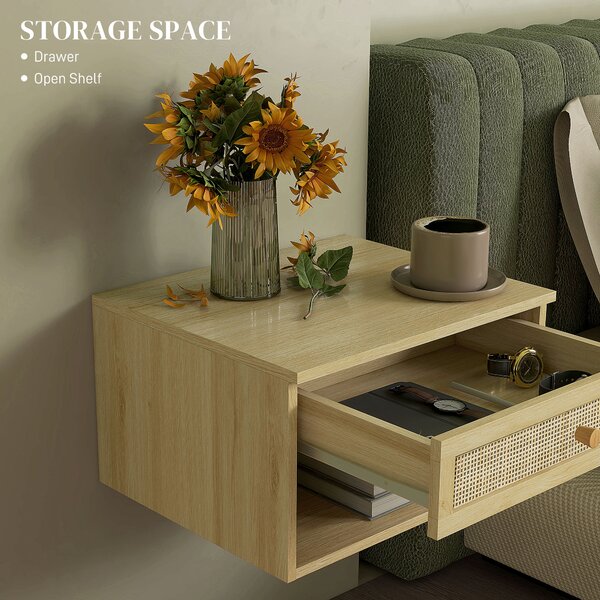 HOMCOM Set of Two Rattan Panel Floating Bedside Tables - Wood-Effect Aosom UK