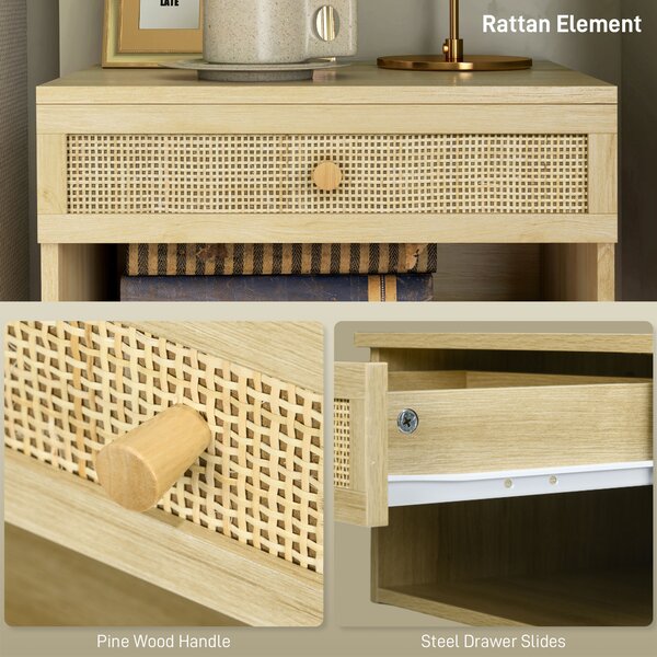 HOMCOM Set of Two Rattan Panel Floating Bedside Tables - Wood-Effect Aosom UK