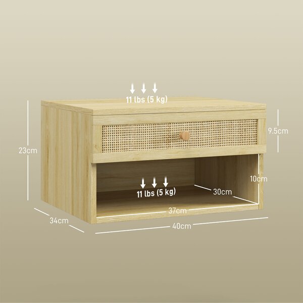 HOMCOM Set of Two Rattan Panel Floating Bedside Tables - Wood-Effect Aosom UK