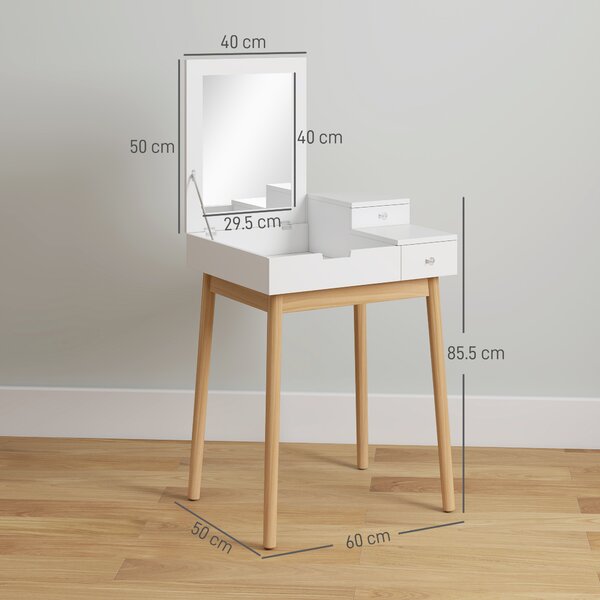 HOMCOM MDF,Pine Dressing Table Desk Flip-up Mirror Multi-purpose 2 Drawers Modern - White