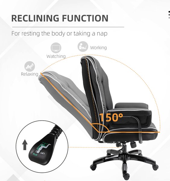 Vinsetto Piped PU Leather Padded High-Back Computer Office Gaming Chair Swivel Desk Seat Ergonomic Recliner w/ Armrests Adjustable Seat Height Black