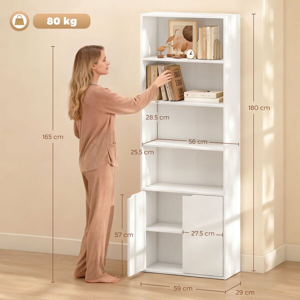 HOMCOM 2 Door 4 Shelves Tall Bookcase Modern Storage Cupboard Display Unit for Living Room Study Bedroom Home Office Furniture White Aosom UK