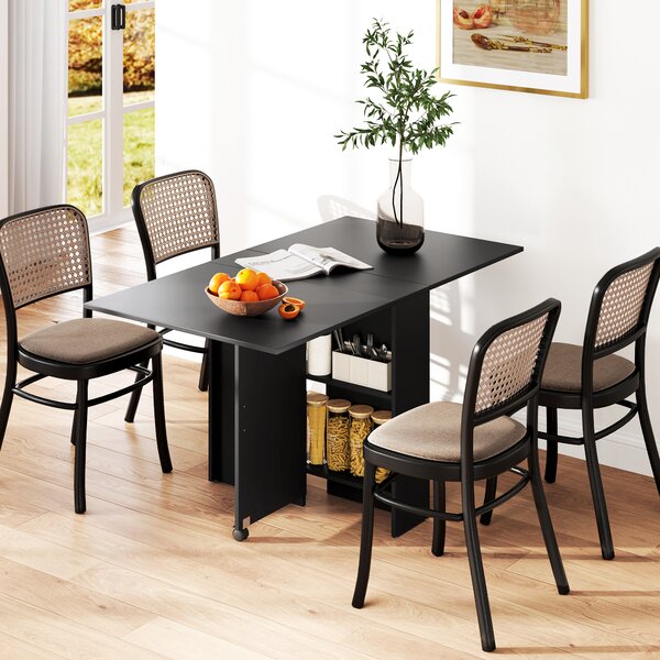 HOMCOM Folding Kitchen Table, Extendable Drop Leaf Dining Table with 2-tier Shelves, Small Dinner Table with Rolling Casters, Black Aosom UK