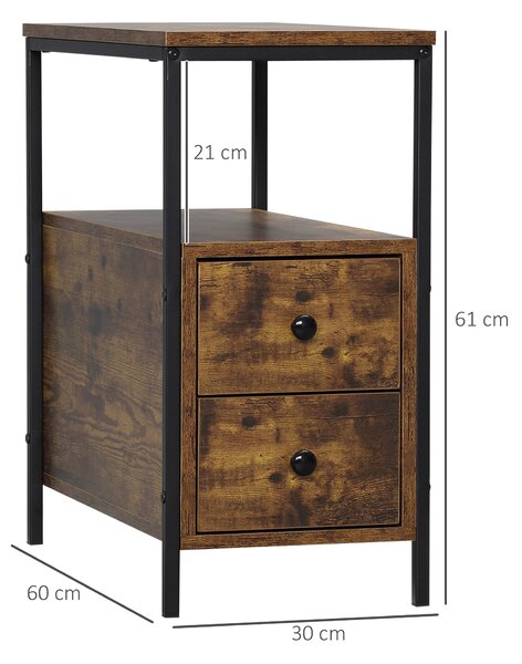 HOMCOM Side Table with 2 Drawers and Storage Shelf, Narrow End Table Bedside Table with Metal Frame for Small Spaces, Rustic Brown Aosom UK